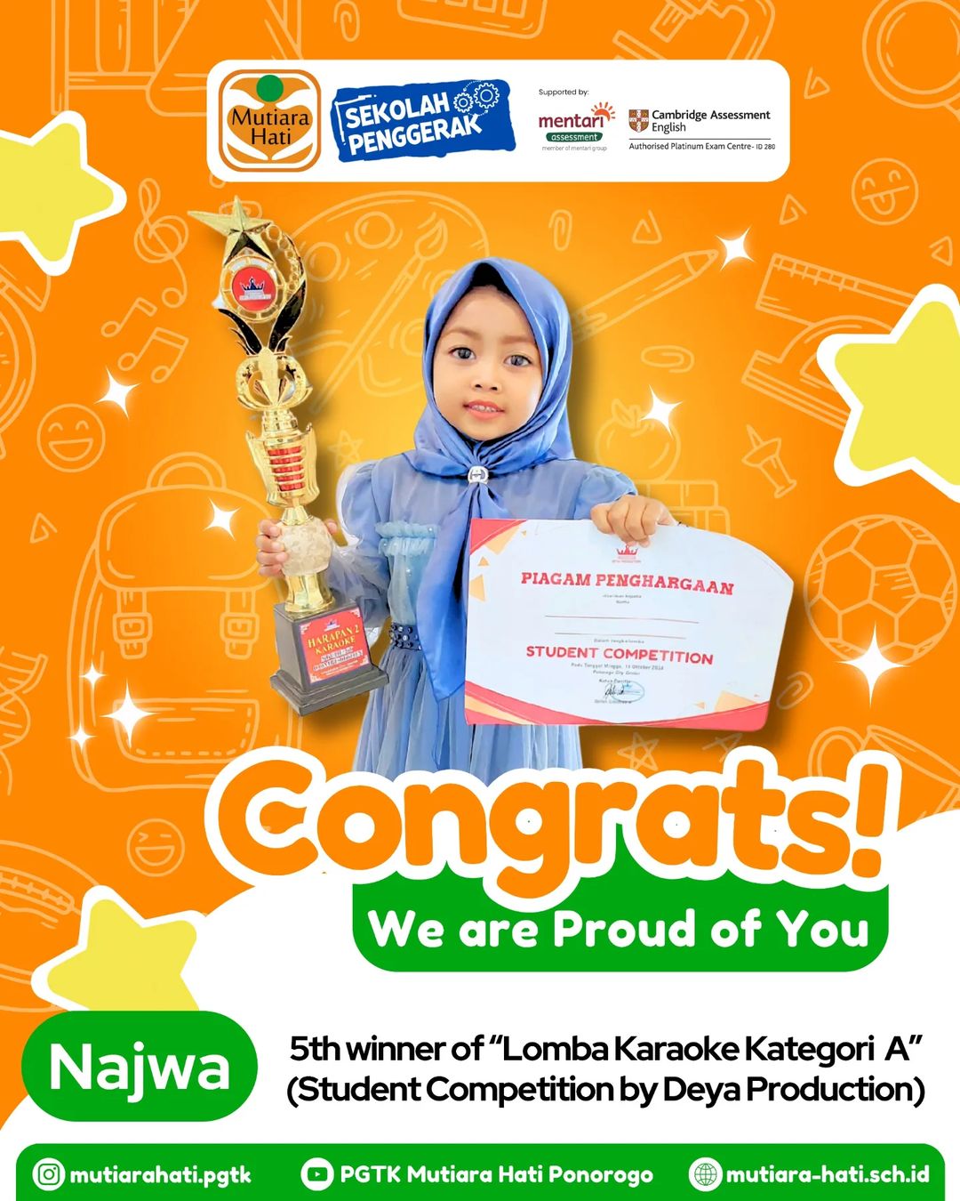 Congratulation 🎉🎉🎉 Najwa 5th winner of Lomba Karaoke Kategori A (Student Competition Deya Production)