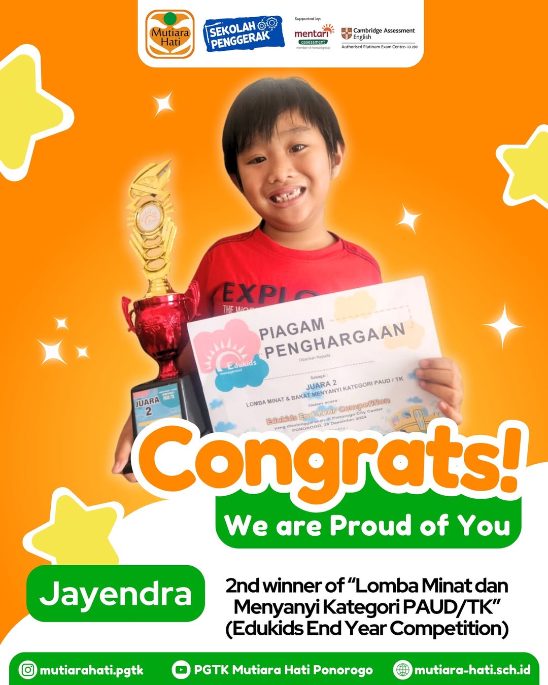 Jayendra 2nd winner of Lomba Minat dan Menyanyi Kategori PAUDTK (Edukids end Year Competition)